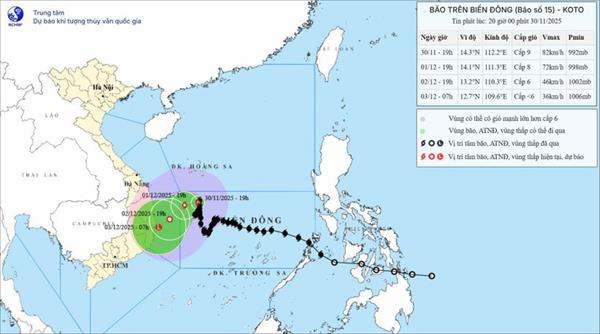 Тайфун №15 почти не смещается, направляется к восточному побережью провинций Зялай – Даклак