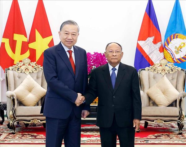 Líder partidista vietnamita se reúne con presidente honorario del Partido Popular de Camboya