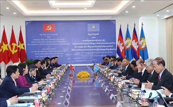 越共中央政治局委员、中央书记处常务书记陈锦秀与柬埔寨人民党副主席、党中央常务委员会主席赛冲举行会谈