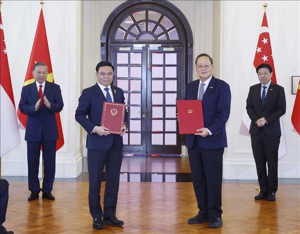 Le dirigeant To Lam assiste à la cérémonie déchange de documents de coopération entre le Vietnam et Singapour