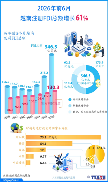 2026年上半年：越南吸引注册FDI总额增长61%