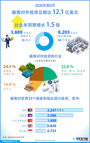 2026年前6月越南对外投资总额达12.1亿美元