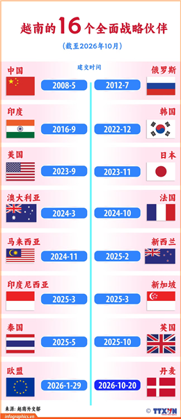 越南的16个全面战略伙伴