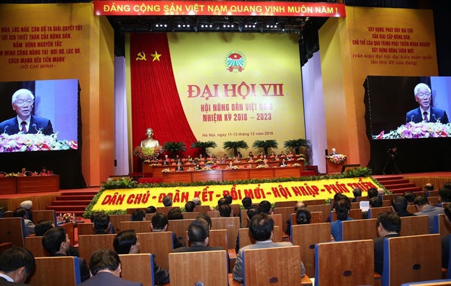 El 12 de diciembre de 2018 el VII Congreso de la Asociación de Agricultores de Vietnam (mandato 2018 – 2023) inauguró solemnemente en Hanoi. El secretario general del Partido Comunista y presidente de Estado Nguyen Phu Trong el primer ministro Nguyen Xuan Phuc la presidenta de la Asamblea Nacional Nguyen Thi Kim Ngan junto con muchos dirigentes exdirigentes de Partido y Estado asistieron a la ceremonia de inauguración con la presencia de casi mil delegados que representan a más de 10 millones de miembros y cultivadores del país. En la foto: El secretario general del Partido Comunista y presidente de Estado Nguyen Phu Trong pronunció un discurso de orientación en el Congreso. Foto: Tri Dung – VNA