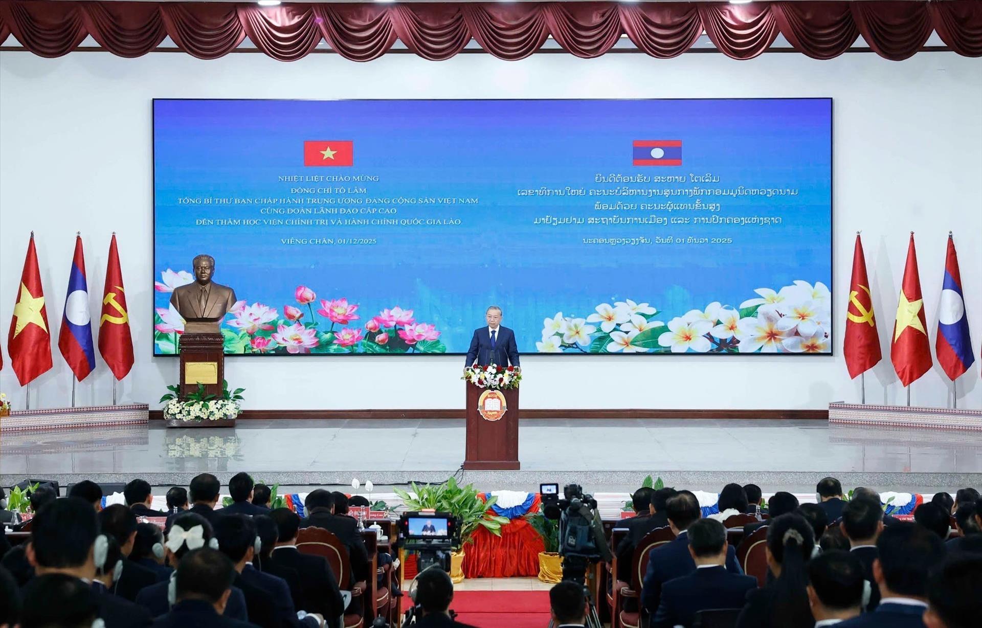 Tổng Bí thư Tô Lâm phát biểu chính sách tại Học viện Chính trị và Hành chính Quốc gia Lào