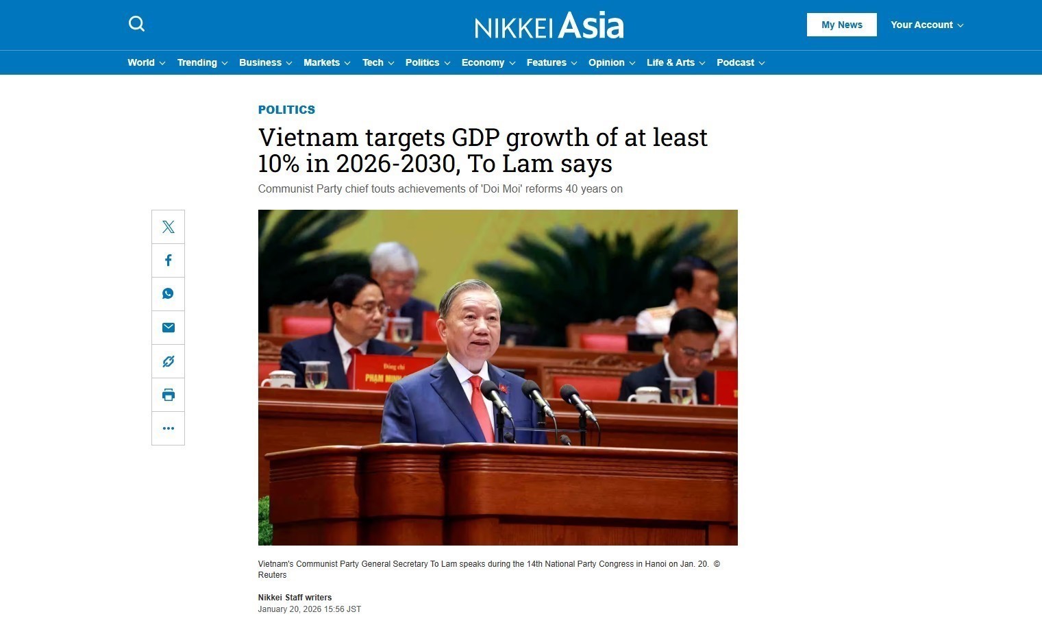 Đại hội XIV của Đảng: Báo Nhật thông tin đậm báo cáo Tổng Bí thư Tô Lâm trình bày