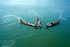ヌアットレー（Nhat Le）川で、魚を釣る。