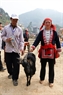 Husband and wife take their goat to the fighting area. 